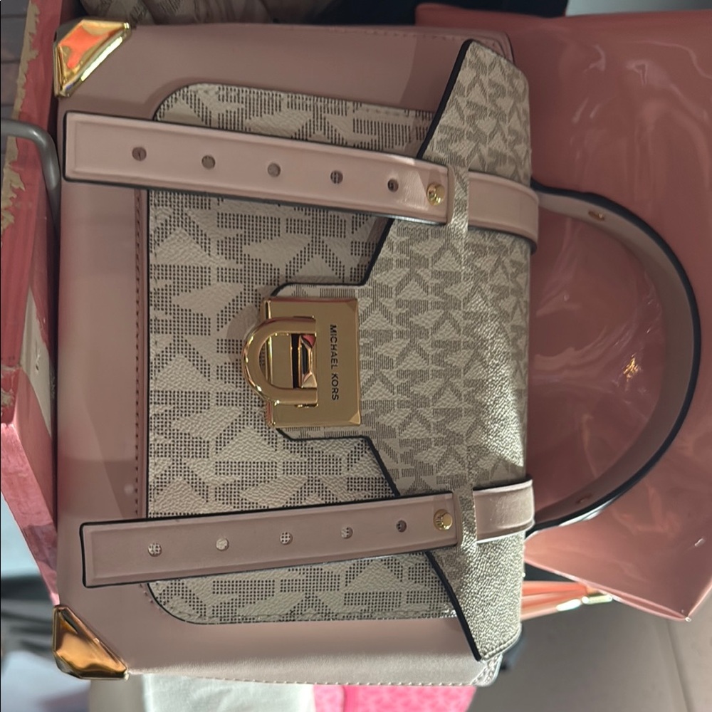 Michael Kors Pink and Cream Satchel with Signature Monogram